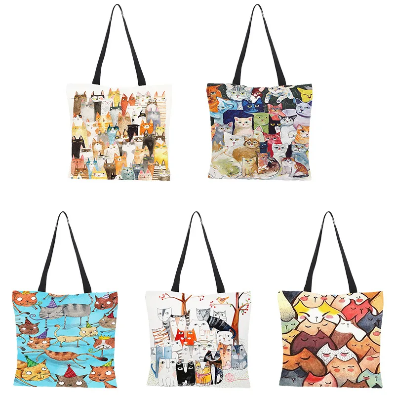 

New design 3D digital printing fashion waterproof cotton and linen cartoon cat pattern eco-friendly shopping tote handbag, Customized color