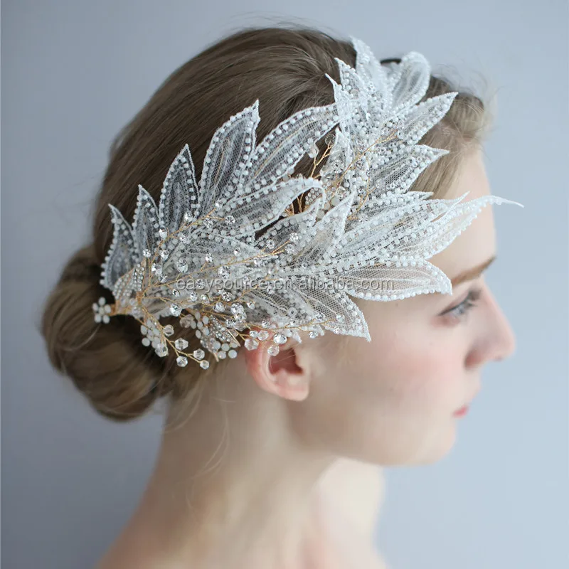 

RE4083 Lace Feather Wedding Headband Handmade Rhinestone Bridal Hair Ornaments Japan Wedding Jewelry