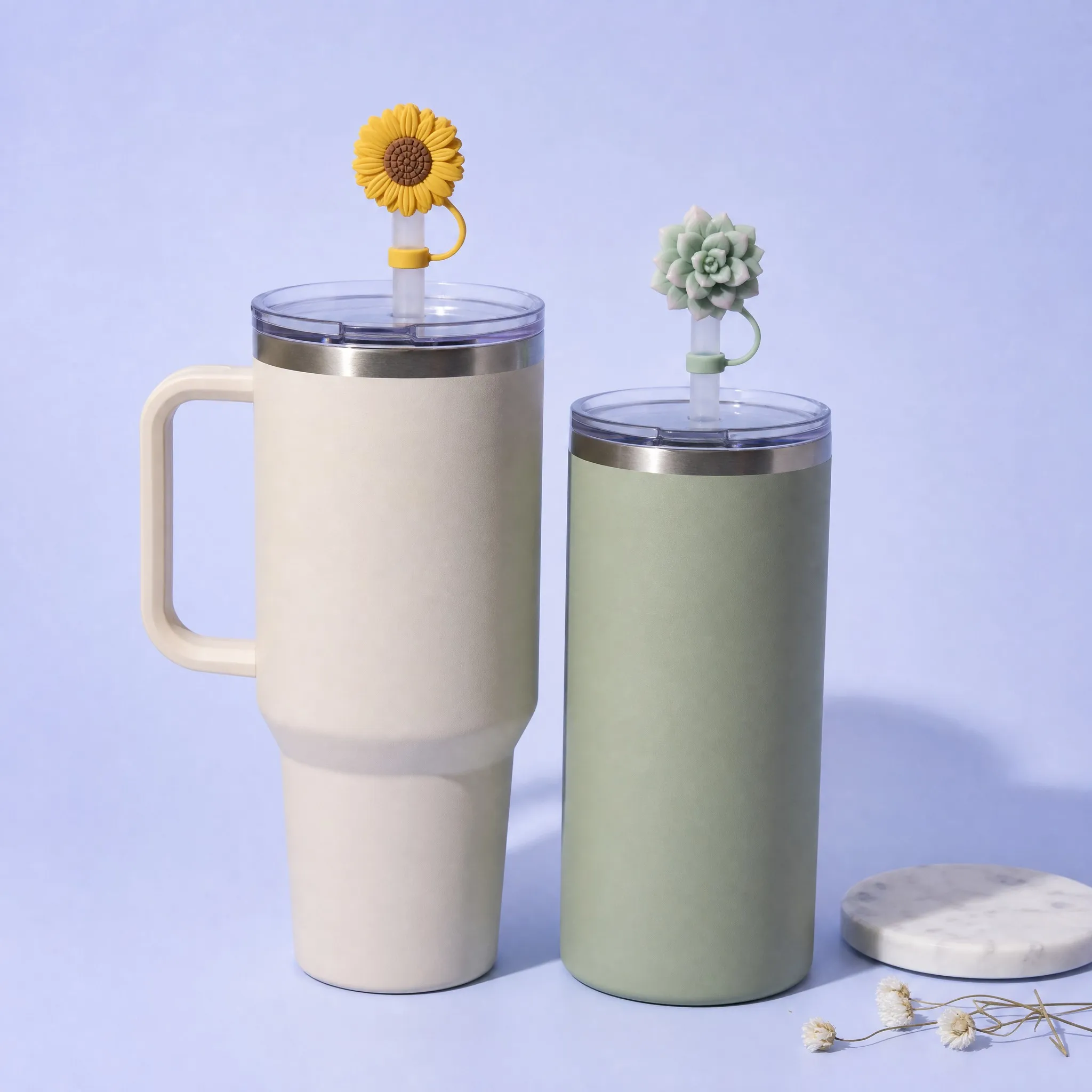 Sunflower and Succulent Straw Covers on Cream and Sage Green Stanley Tumblers