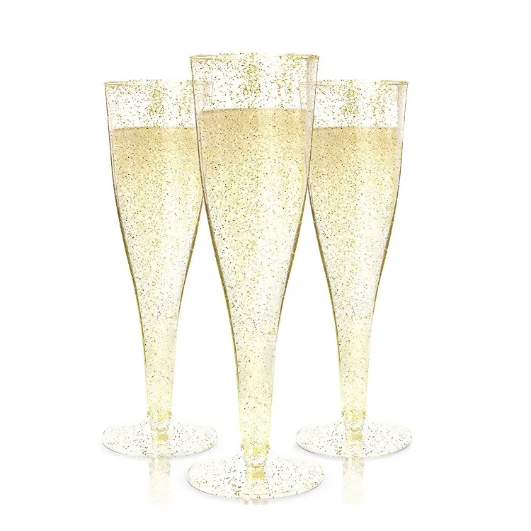 

Factory Wholesale Disposable 6 pack Gold Glitter Plastic Glass Like Champagne Glasses Wedding Parties Plastic Toasting Flutes