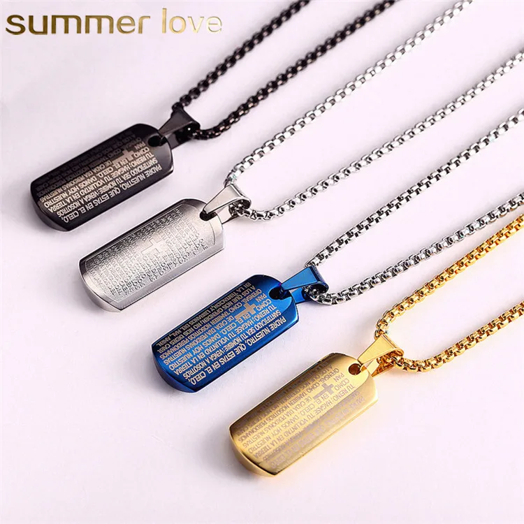 

High Quality Religious Laser Cross Messages Letters Pendants Jewelry Holy Stainless Steel Bible Tag Necklaces