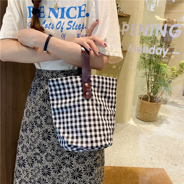 

Custom Spring Summer Causal Cotton Bucket Bag with Leather Strap