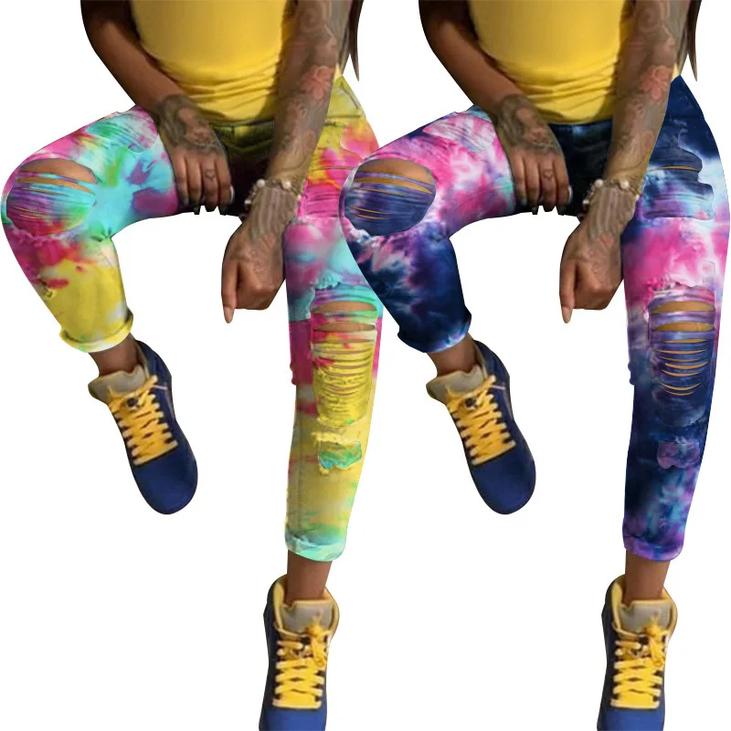 

2020 new arrivals fashion tie dye design high street ripped women denim jeans
