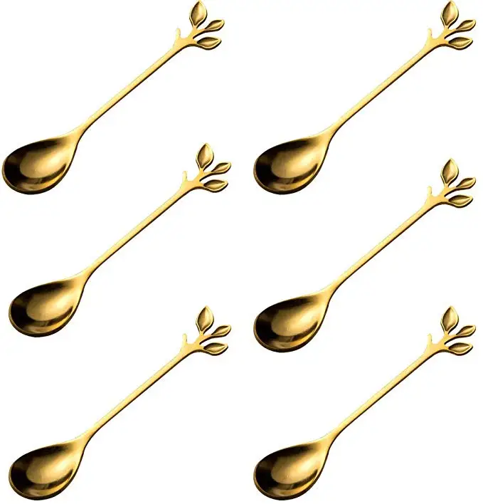 

H20 Creative Leaves Shaped Handle Coffee Tea Fruit Dessert Tableware Colourful Stainless Steel Set Of Stainless Steel Spoon Fork, Silver gold