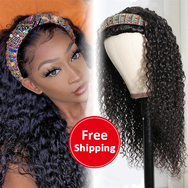 

3 days delivery 2020 deep curl kinky long curly human hair headband wigs