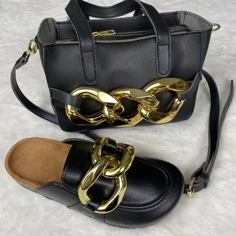 

Fashion Chain-Link Bag with Sandal Slippers for Women Plush Leather Summer Flat Slides Slipper Sandal Ladies Shoes Pink Black