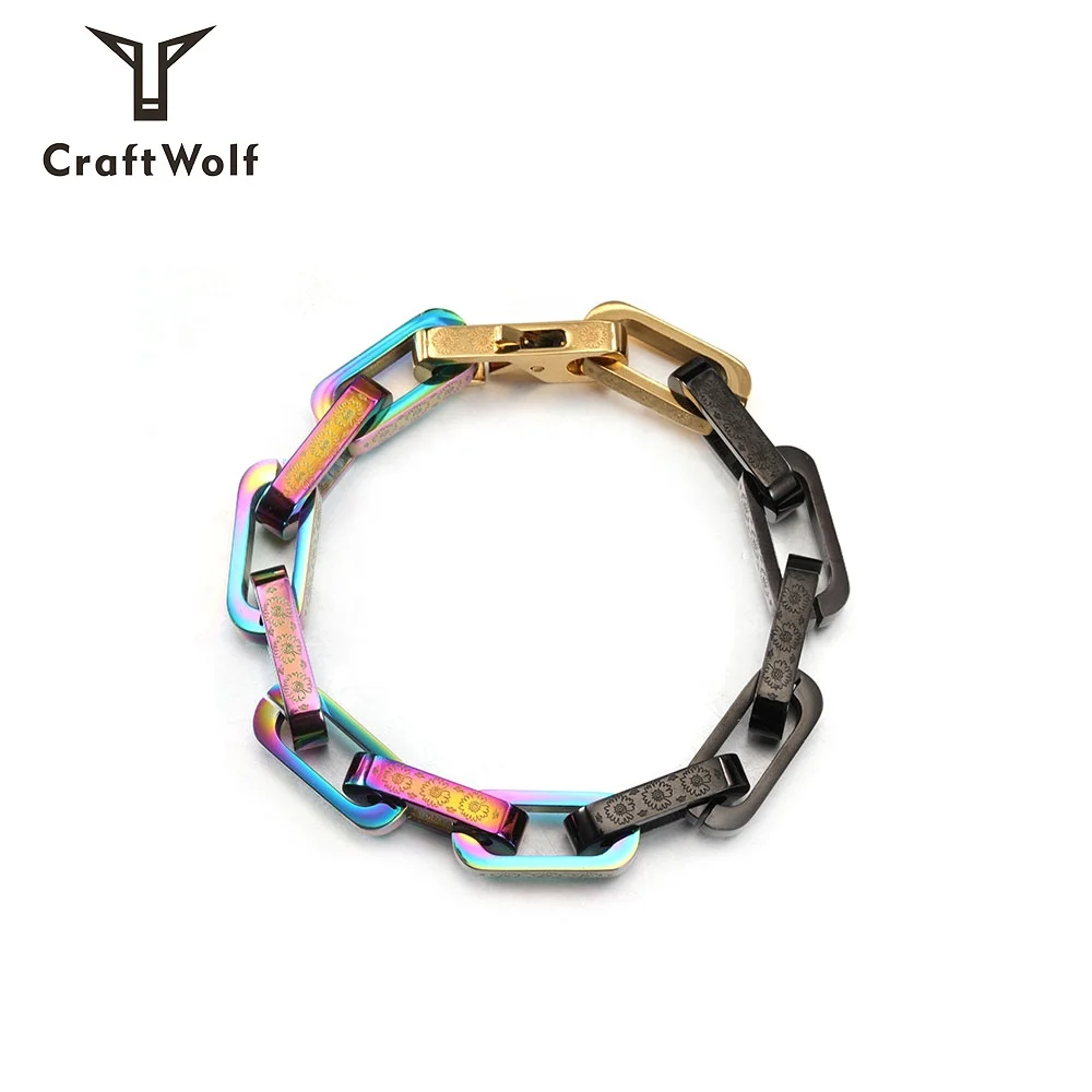 

Craft Wolf Fashion jewelry vintage silver Colorful plating 316L stainless steel cuff Engraved daisy cuban link chain bracelet, Colorful,silver, vintage silver