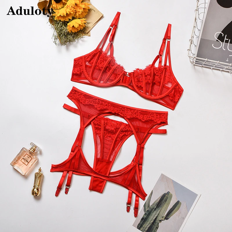 

Aduloty New women's lace mesh stitching underwear set underwire bra garter thong thin section see-through erotic lingerie set