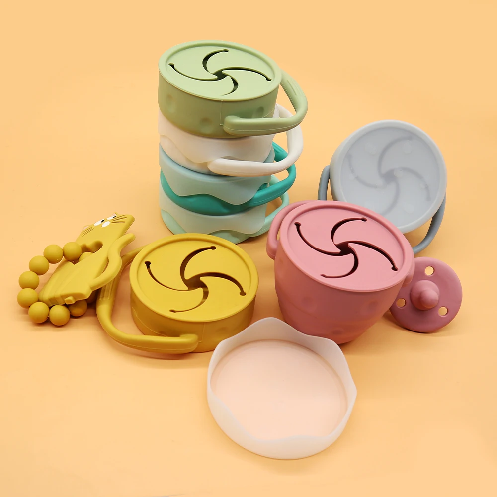

Food Grade Toddler No Spill Kids Silicone Sippy Cup Foldable Collapsible Baby Snack Cup with straw, Customized color