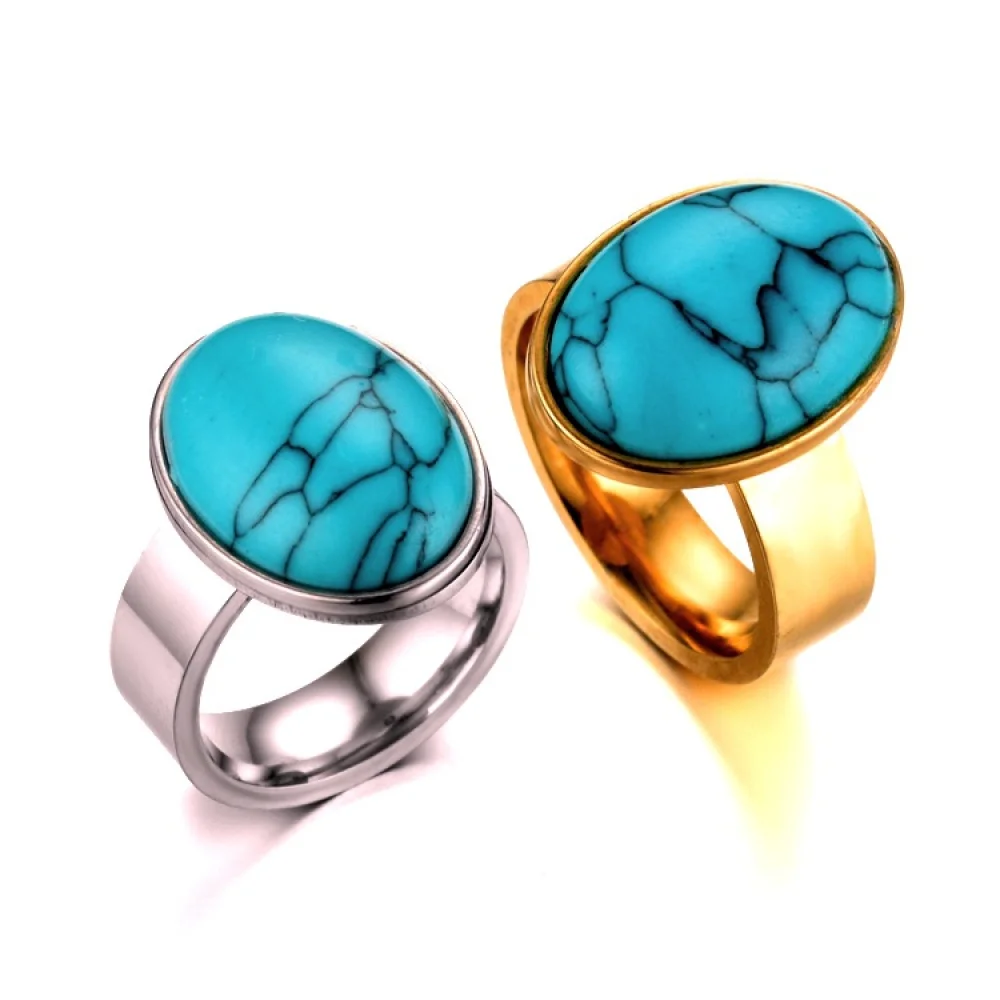 

Vintage Western Jewelry Fashion Stainless Steel Gold Plated Turquoise Big Green Natural Stone Rings For Men