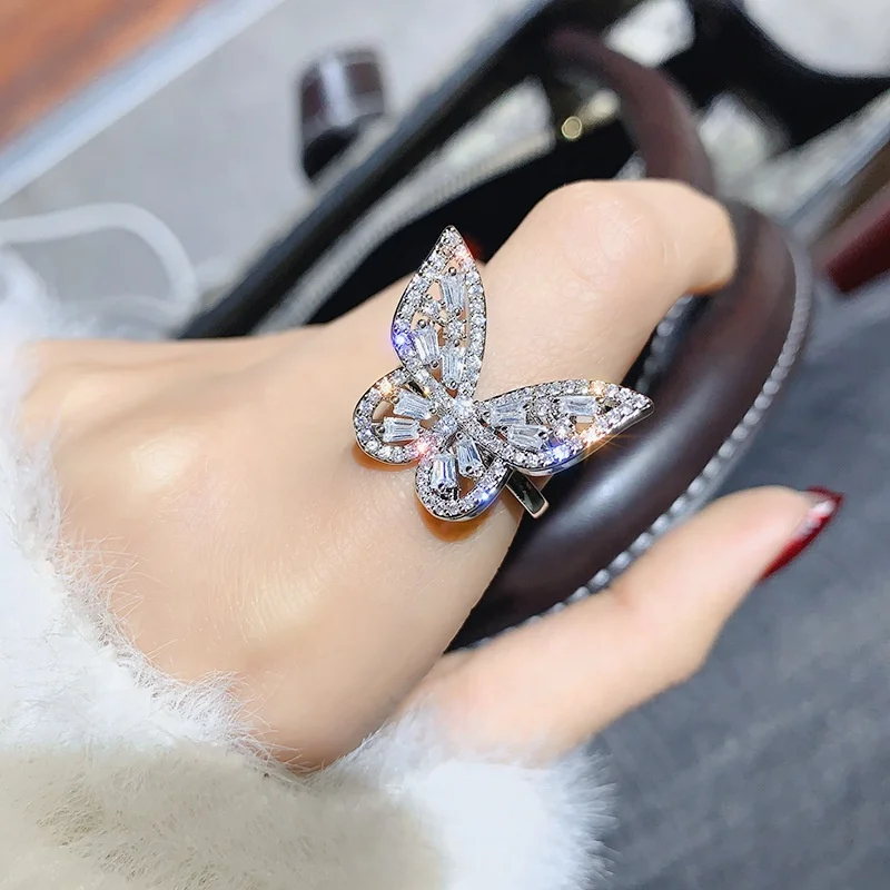 

Wholesale 2021 Trendy Adjustable Bling Diamond Crystal Rhinestone Zircon Butterfly Ring For Women Jewelry, White gold