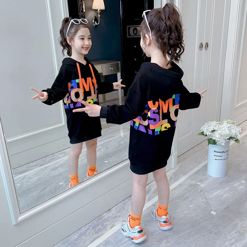 

Girls Autumn Princess Dresses Children Medium Long Style Dresses Fall Kids Teenager Loose Hooded Dresses