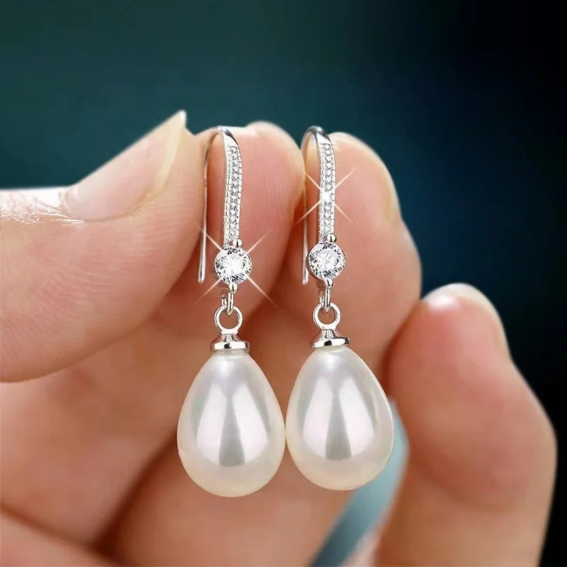 

Baroque Imitation Pearl Hoop Dangle Earrings Women Zircon Ear Hook Bridesmaid Bride Earring Necklace Wedding Jewelry Set Gift