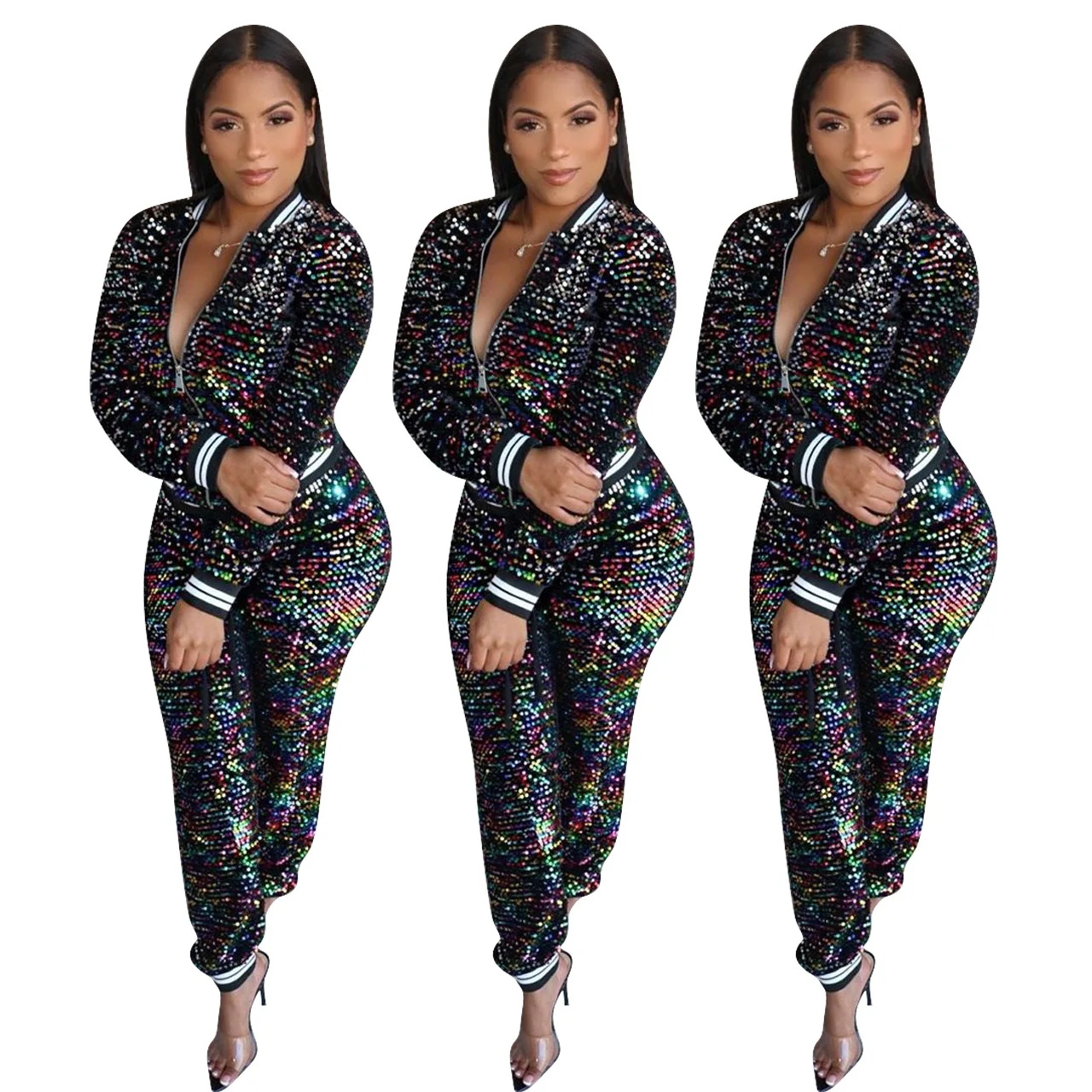 

L689 2021 Top Item Women Fashion Apparel Sequined Baseball Jackets Crop Top and Bottom Set