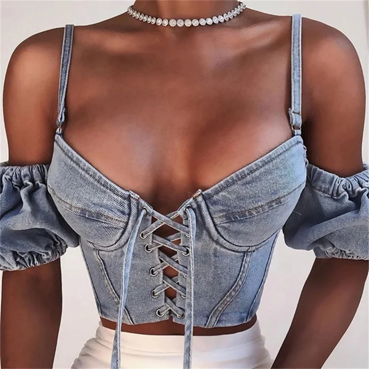 

New camisole Cropped Bra Tank Vest Chest lace up back zipper denim Tops off the shoulder puff sleeve sling crop tops for women, Solid color