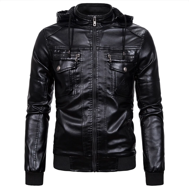 

Men's Faux Leather Jacket PU Outwear with Removable Hood