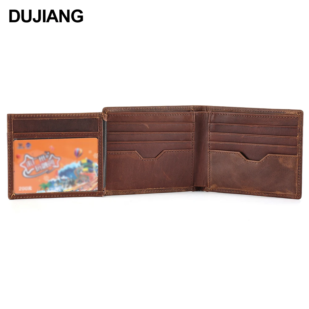 

DUJIANG Crazy Horse Leather Male Purse Minimalist Short Wallets Credit Card holder Rfid Blocking Genuine Leather Men Wallet, Chocolate