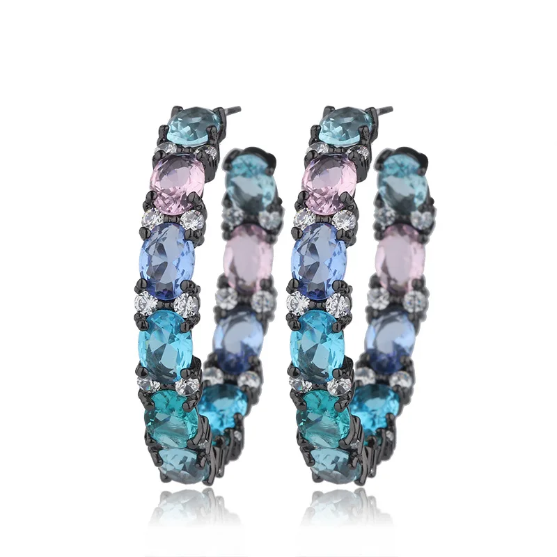 

Big Circle Round Black Gold Multi Color Blue Cubic Zirconia Crystal Women Hoop Earrings Luxury CZ Jewelry Gift, As pic shown