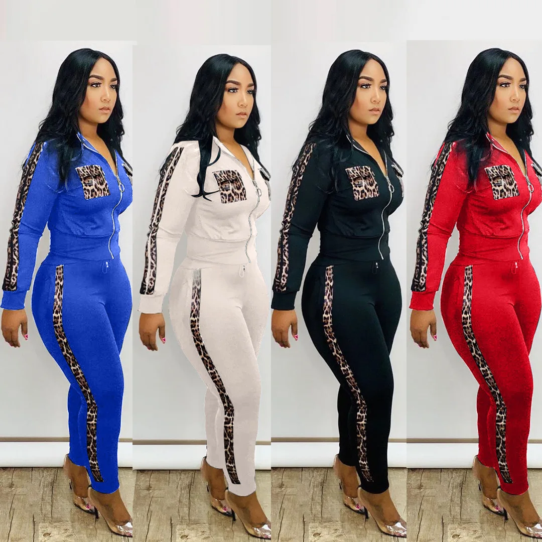 

2021 Fall Women Clothing sportswear Long Sleeve Top with Front Zipper Patchwork hoodies Leopard print two piece set