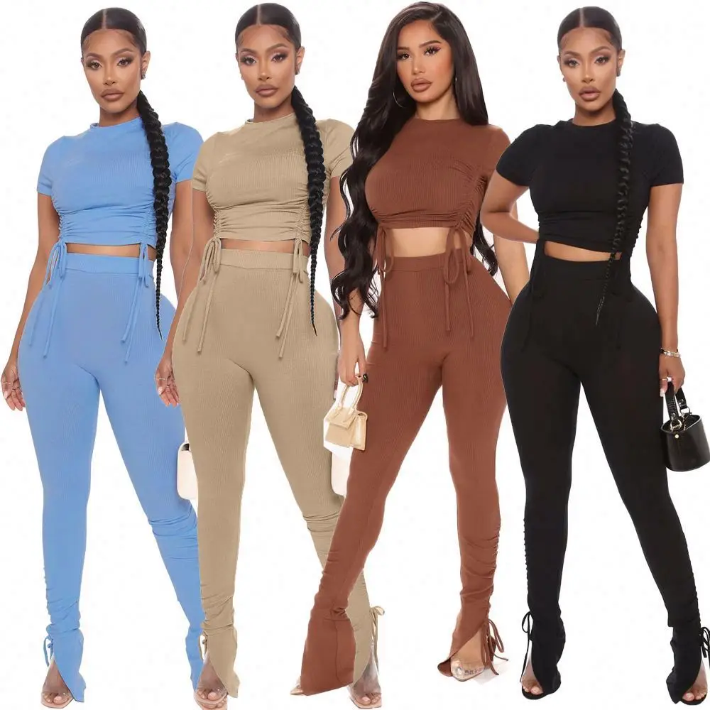 

JEAN Amazon 2021 Solid Color Short Sleeve Drawstring 2 Piece Set Women Clothing Matching Sets
