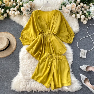 

2020 Summer Women Fashion Long Sleeve Blouse Shorts Womens Two Piece Sets
