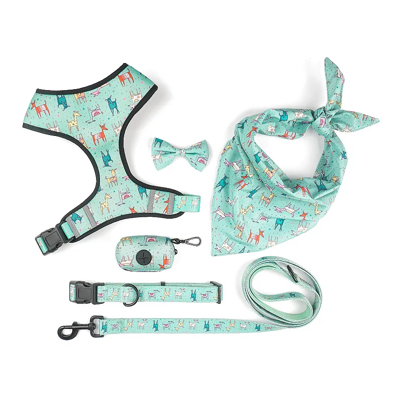 

Wholesale Custom Personalized Pattern Luxury Waterproof Pets Accessories No Pull Dog Chest Harness Collar Bandana And Leash Set, Blue,green,yellow,pink