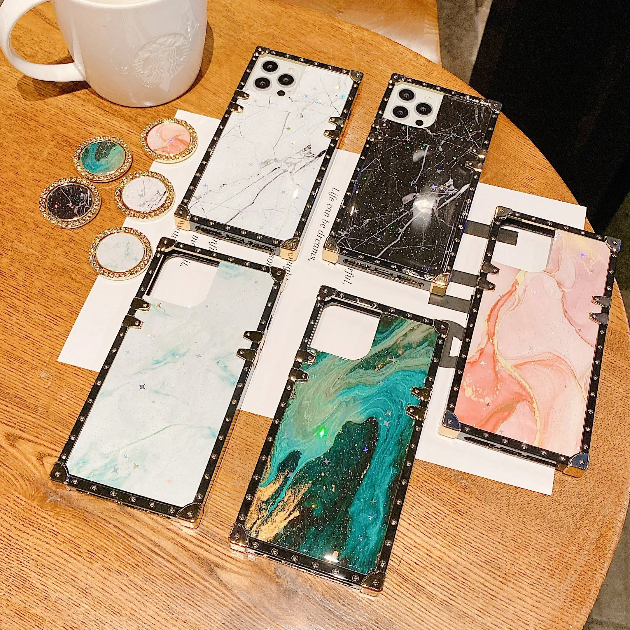 

For iPhone 12 Pro Max XR Xs Max 6 7 8 Plus Luxury Diamond Shiny Bling Glitter Marble Holder Stand Square Phone Case For Girl