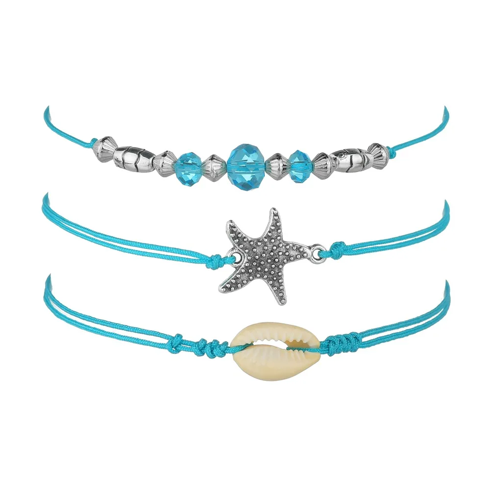 

3 pcs/set New Anklet Wish Creative Bohemian Handmade Starfish Shell Blue Bead Rope Anklet Set For Female, Silver