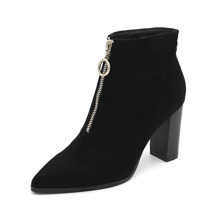 

Metal ring zipper pointed design for suede upper women booties lady shoes, Black