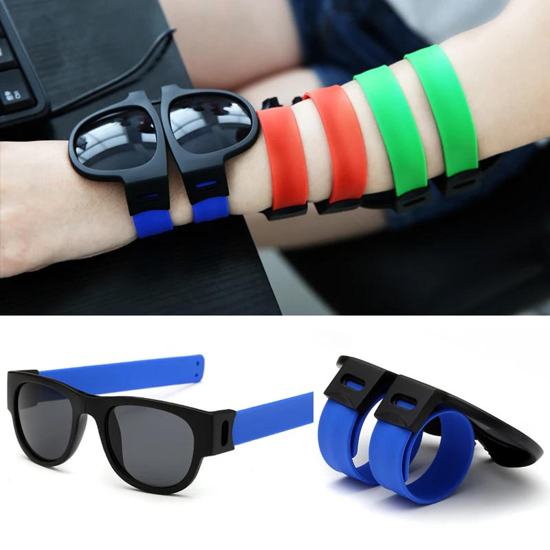 

Gafas De Sol Slap On Custom 2021 Wristband Folding Bracelet Sun Glasses Snap Rolls Foldable Sunglasses, Customized