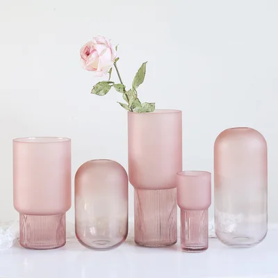 

Modern Wholesale Nordic Handmade Clear Pink Cylinder Stripe Flower Frosted Crystal Glass Vase Wedding Decoration Modern Vase