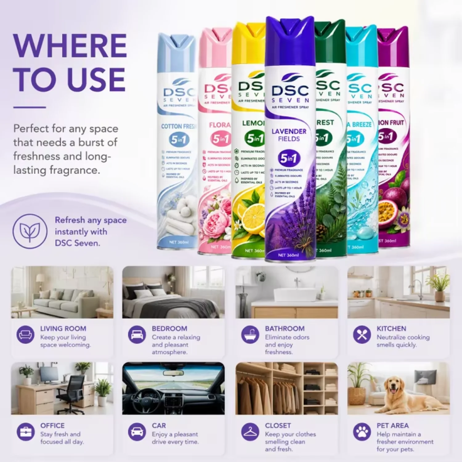 360ml Eco-Friendly Lavender Long Lasting Aerosol Air Freshener Spray Multi Scents Odor Remover