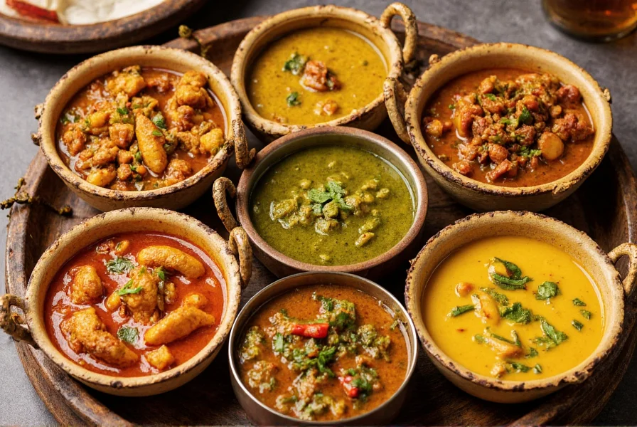 Various curry dishes from different regions showing different colors including red, green, and yellow varieties