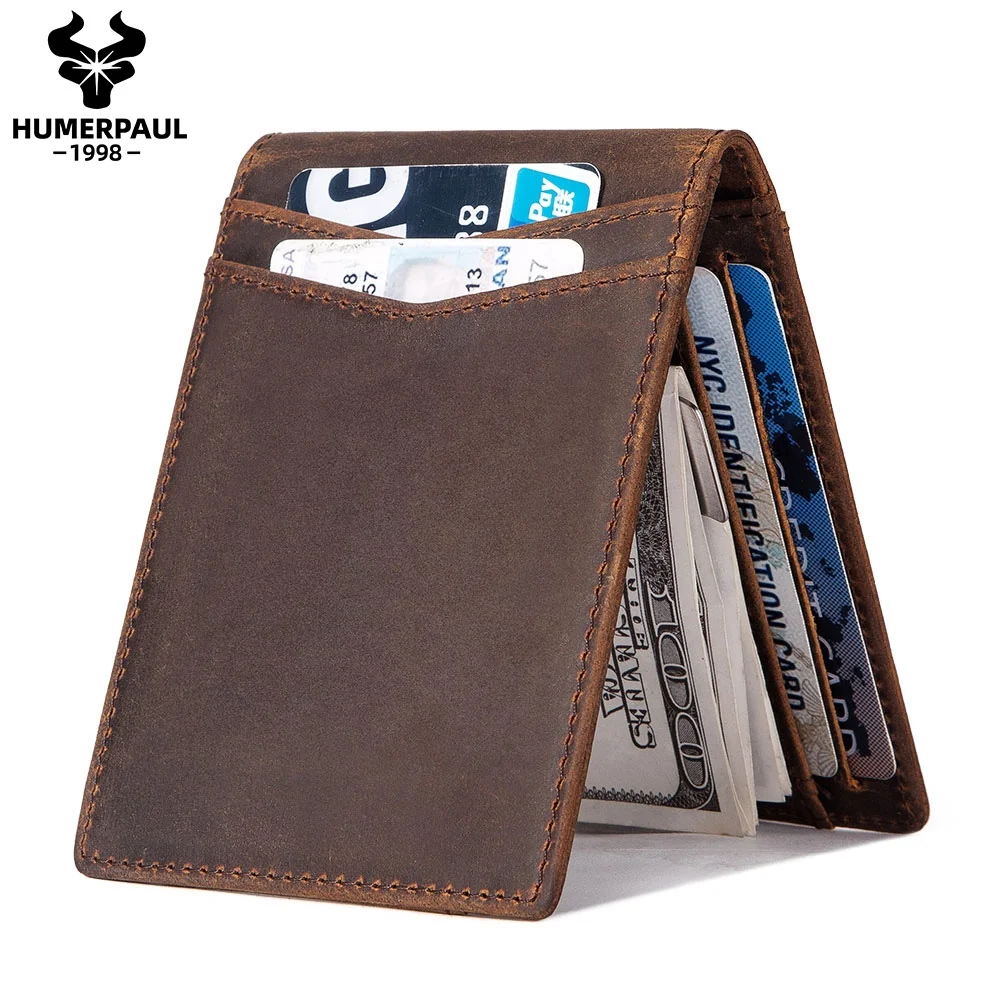 

HUMERPAUL crazy horse leather card holder manufacturer Pocket slim men card wallet Bifold leather money clip