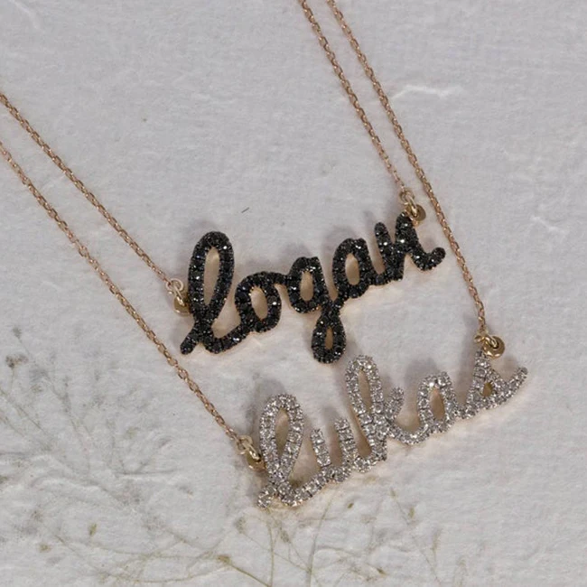 

Solid Silver Personalized Gold Black Diamond Initial Layered Double Name Necklace, Silver/14k gold/18k gold/rose gold