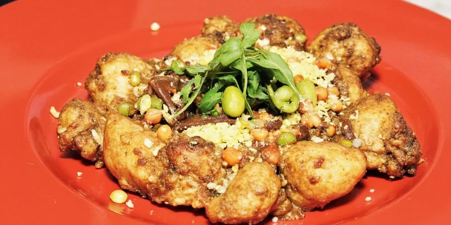 Chicken cooking in a skillet with sofrito