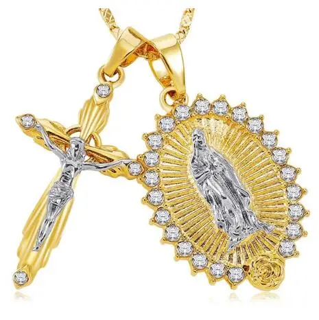 

Women Men Gold Plated Cross Crucifix Necklace plus Virgin Mary Crucifix Jesus Pendant Necklace Chain Faith Jewelry