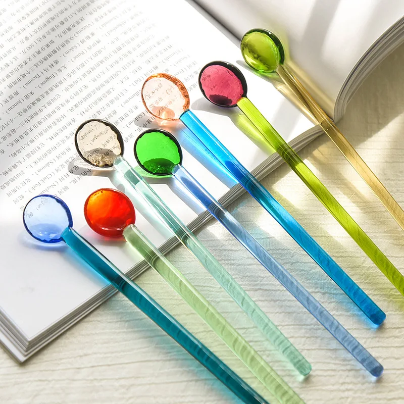 

Yellow Amber Green Blue Teal Clear Pink Mixed Color Glass Spoon Tea Coffee Sugar Honey Stir Sticks