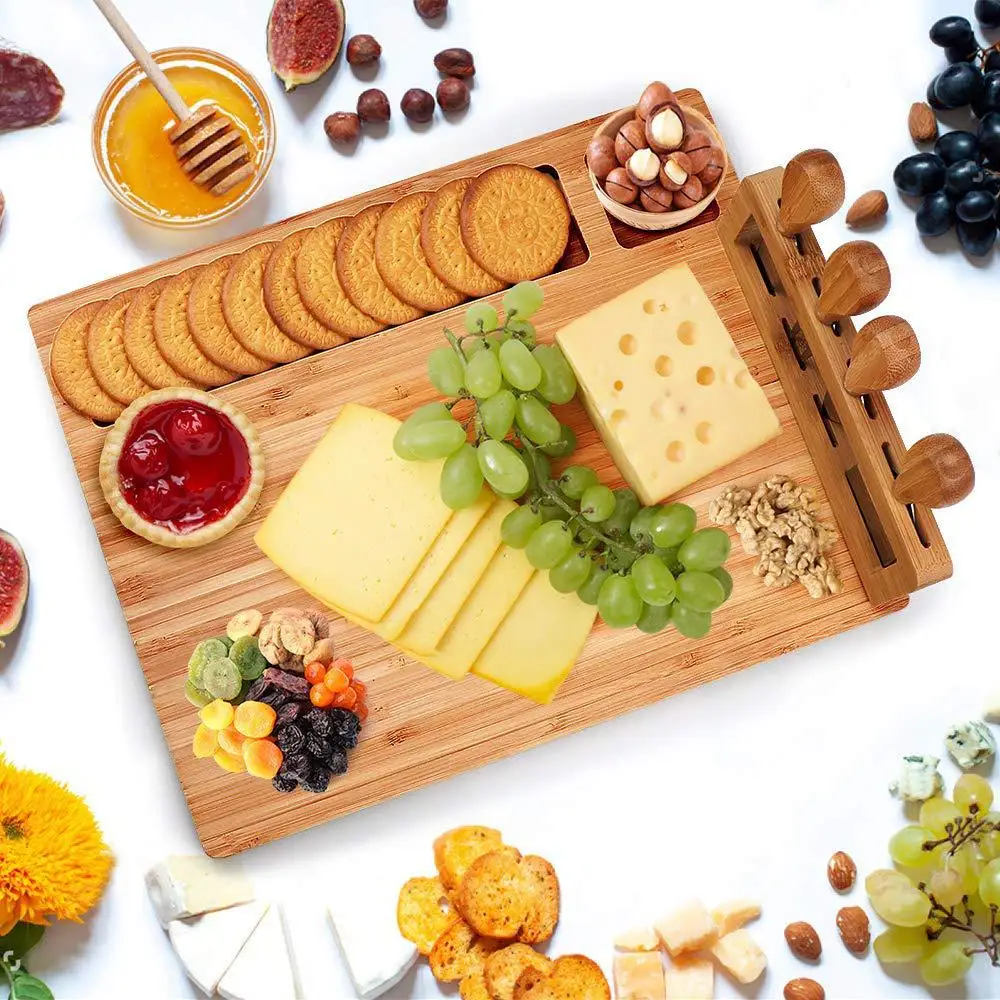 

Bamboo Cheese Board with Cheese Tools Cheese Plate Charcuterie Platter with Utensils Set