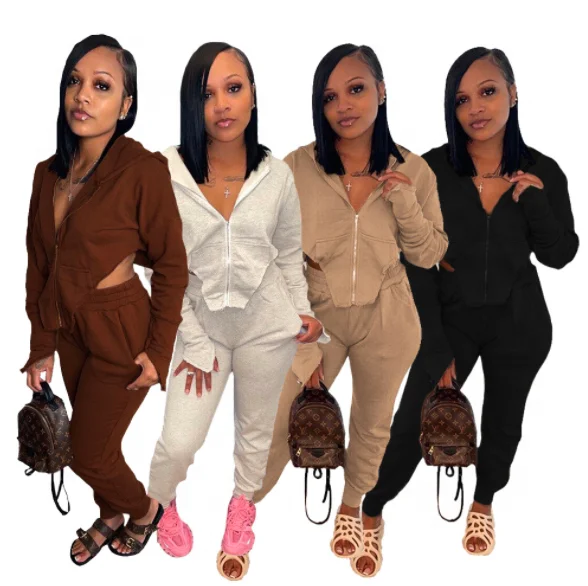 

Solid color Zipper Hooded Track Suits Women Long Sleeve Casual Women Suits Two Pieces Sport Set Women