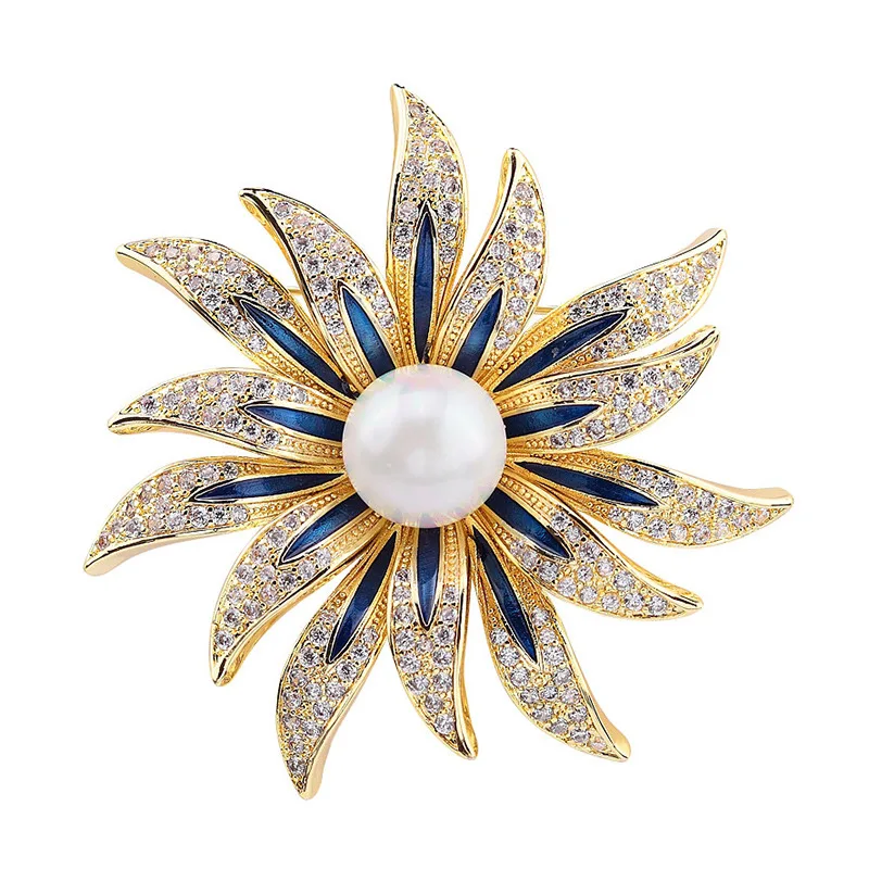 

Sunflower Brooch Pin with Enamel Elegant Plum Blossom Flower Fashion Gold Plated Pearls Floral Pin for Women