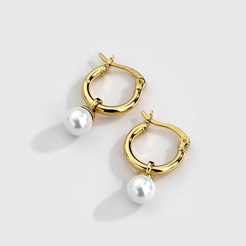 

Hotsale Hoop Earrings Jewelry 925 Sterling Silver Gold Plated Pearl Hoop Earrings Women