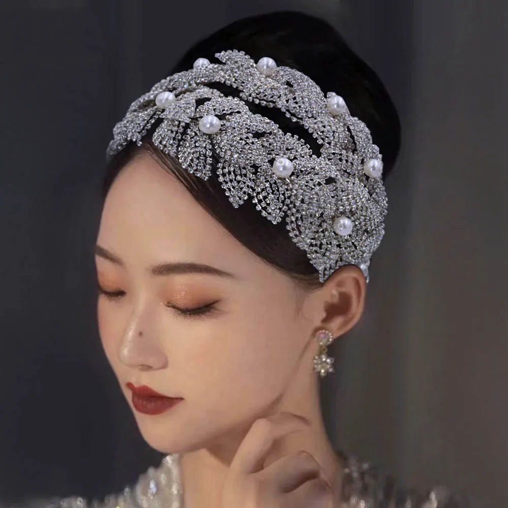 

GENYA European and American pure handmade headdress silver leaf pearl headband bridal wedding hair accessories, Picture