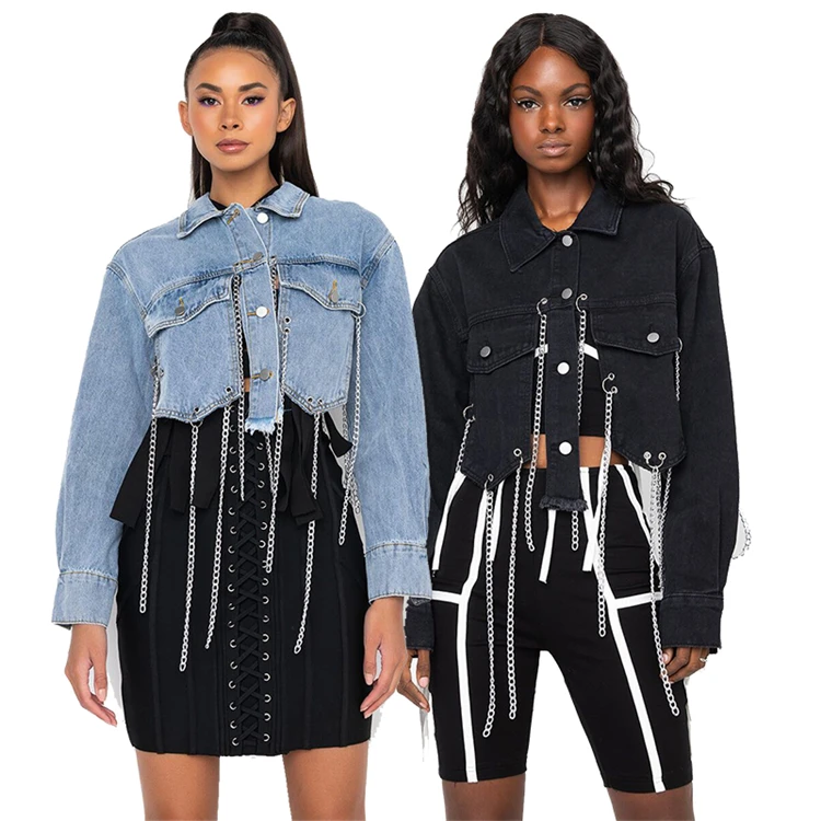 

Amazon 2021 Solid Color The Chain Decoration Women Fashion Trendy Crop Top Jacket Fall Jacket Woman