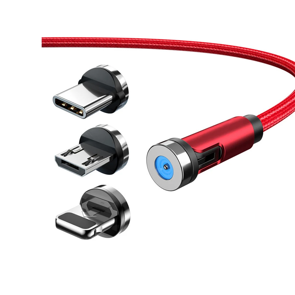 

2.4A Fast Charging Led Nylon Braided 540 degree 3 In 1 Magnetic USB Charger Cable With data For Phone, Black/red/silver