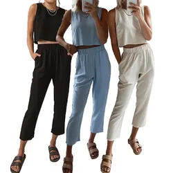 2021 Fashion Solid Knit Crop Top 2 Piece Pajama Se