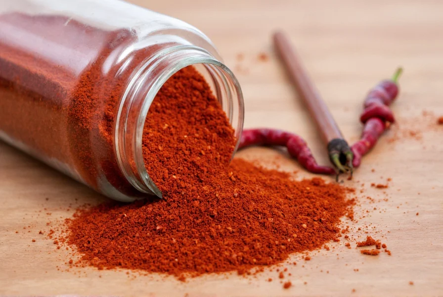 Homemade crushed red pepper in glass jar next to fresh red cayenne peppers and grinding tools