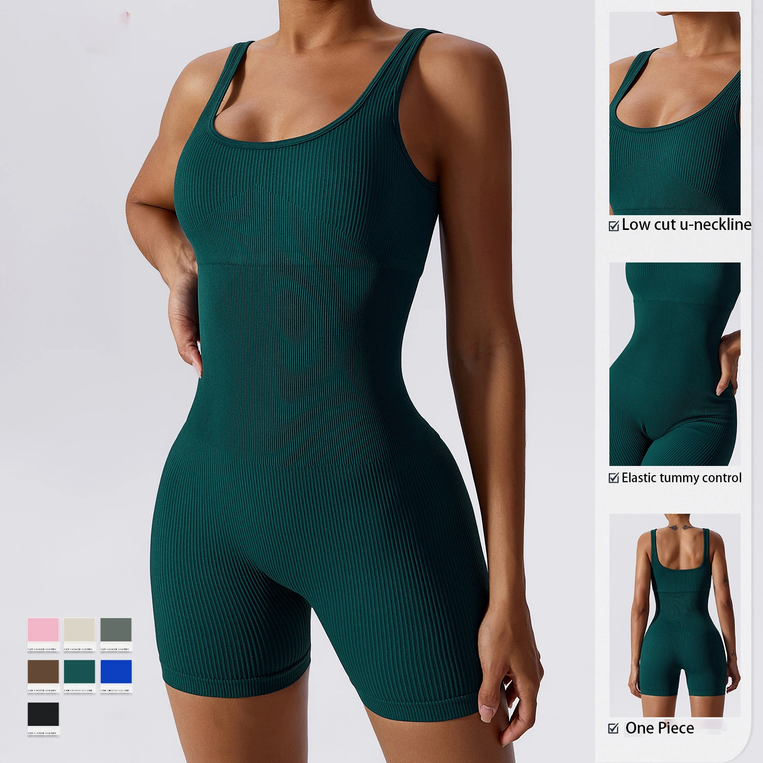 

One Piece Jumpsuit Ribbed Women Summer Casual Low Out U Neckline Waist Trainer Fitted Slimming Workout Yoga Bodysuits