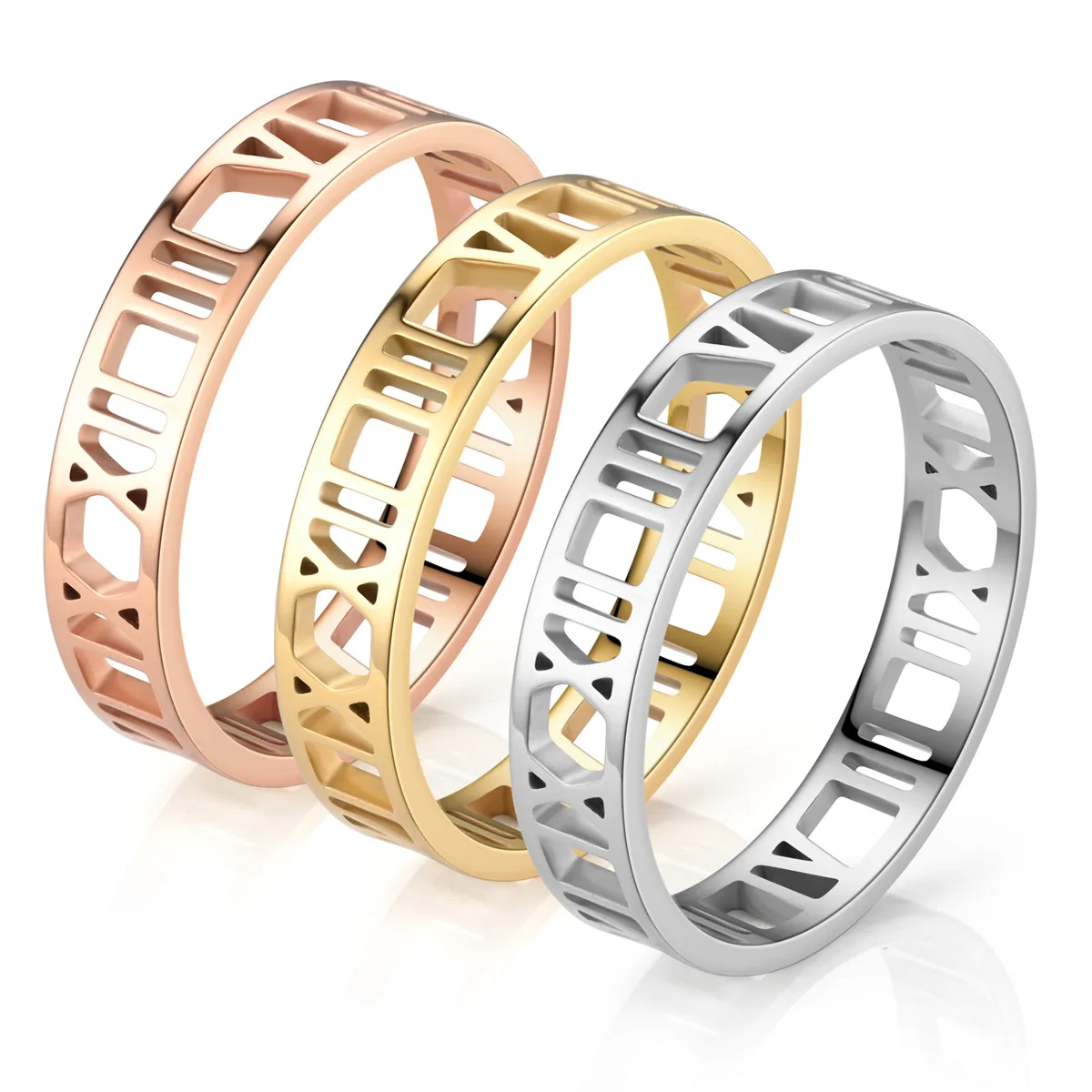 

Luxury 316L Stainless Steel Jewelry Rose Gold Silver Roman Numerals Designer Band Rings Men Gold