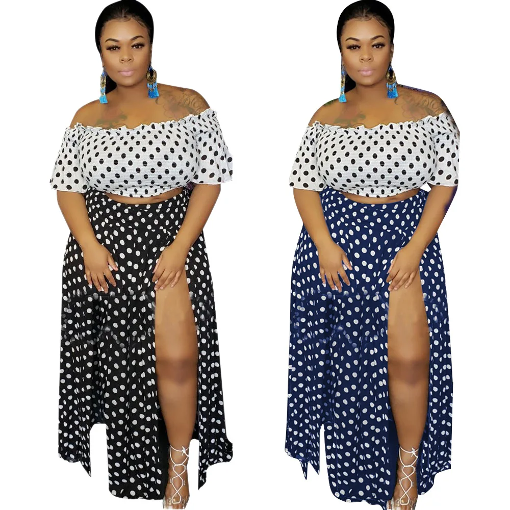 

2020 Fall Fashion Off Shoulde Plus Size Evening Dresse Print Dot Plus Size Women Party Dresses Casual womans 2 piece set dresses, 2 colors